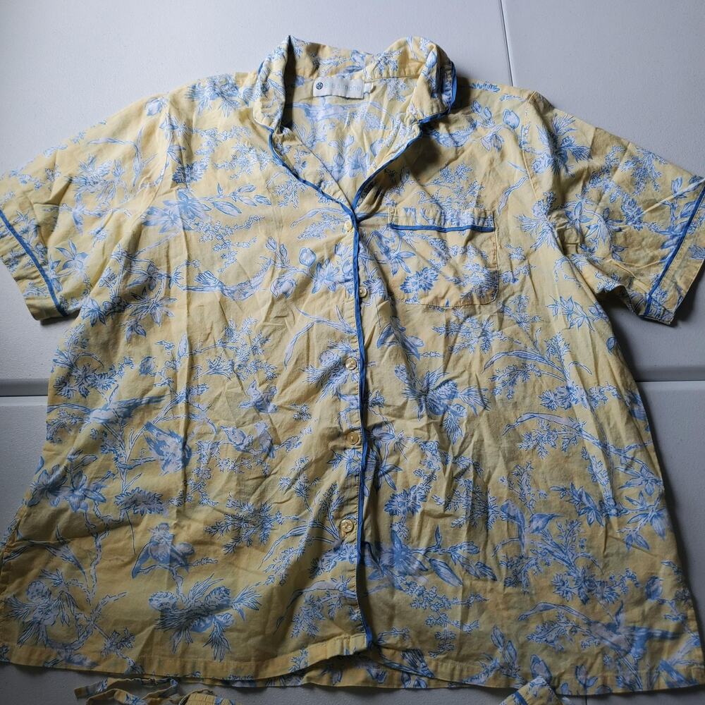 Ella Simone Pajama Set Womens 1X Yellow Bird Floral Capri Pants Button Top - Picture 2 of 13